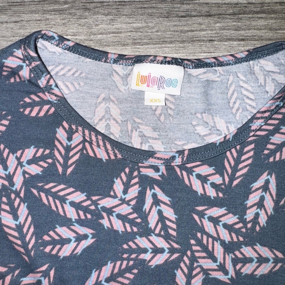 LuLaRoe Pink and Blue Feather Pattern Top